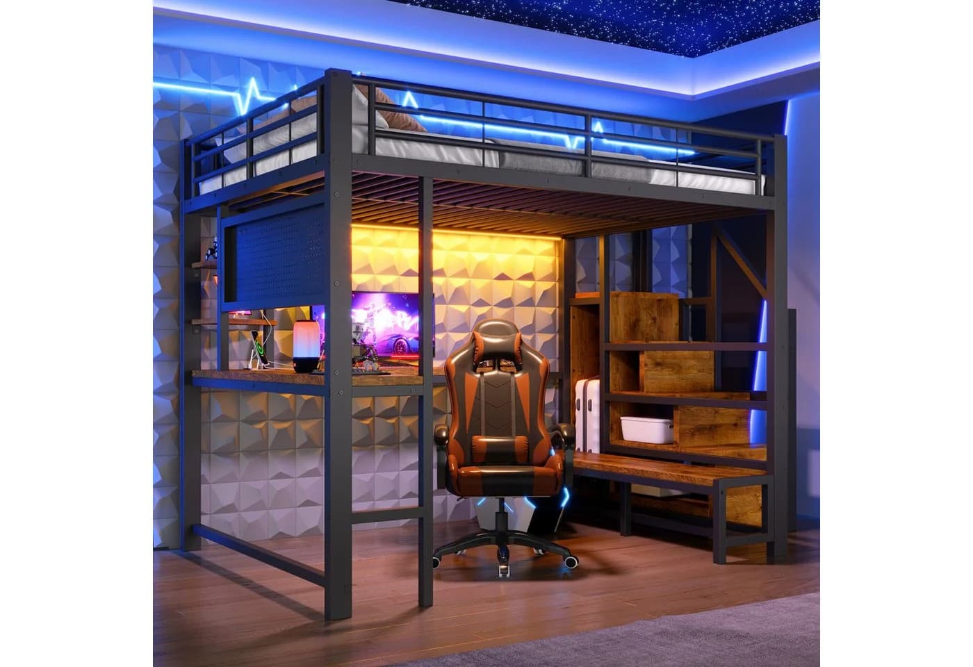Merax Hochbett 140x200 cm mit LED, USB-C & Schreibtisch Schwarz/Weiß - Bild 4