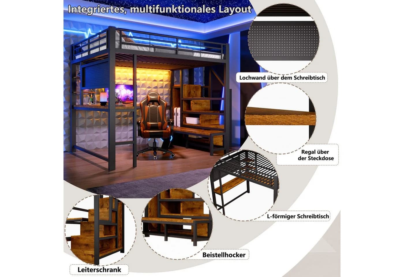 Merax Hochbett 140x200 cm mit LED, USB-C & Schreibtisch Schwarz/Weiß - Bild 5