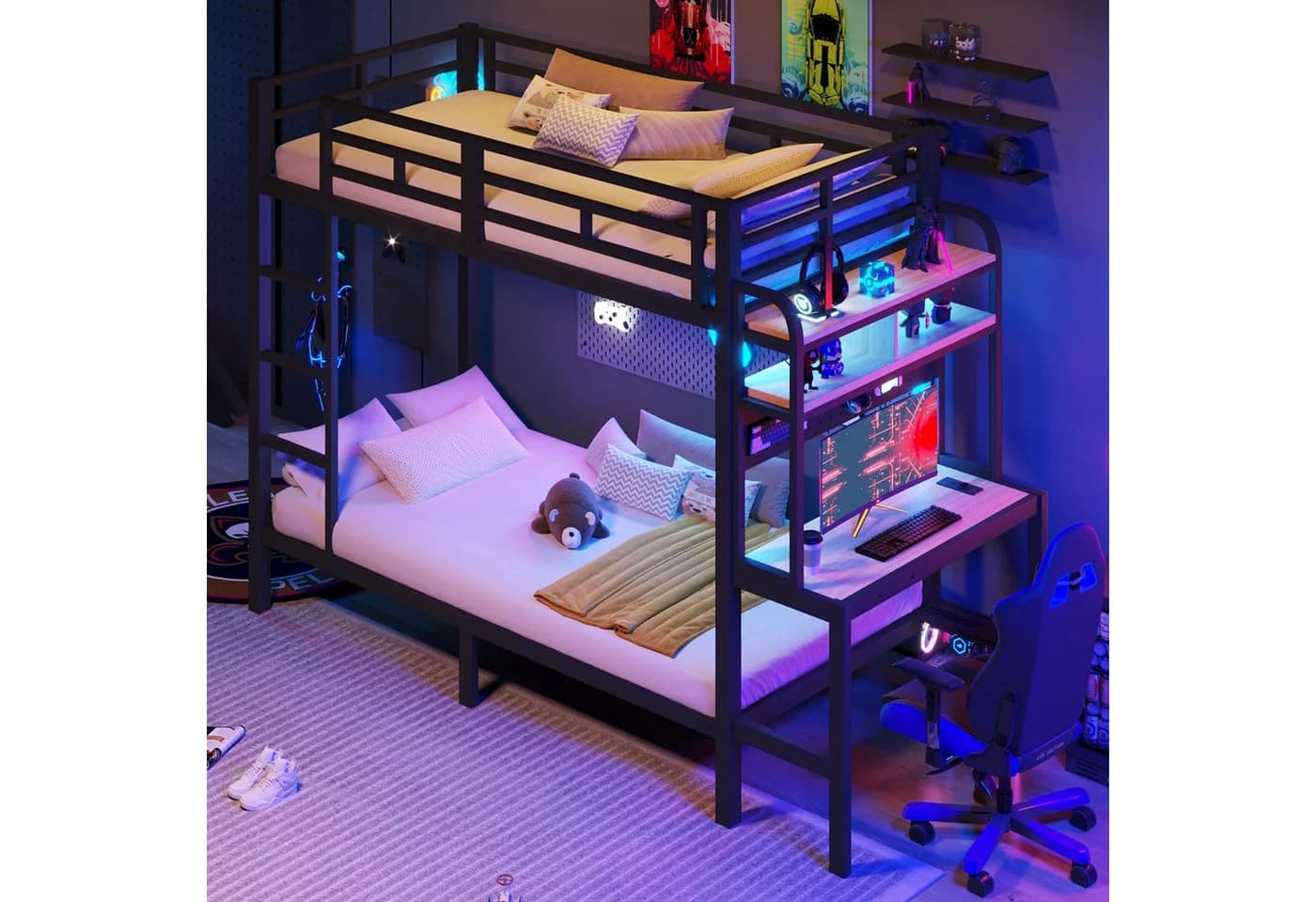 Merax Etagenbett 90x200cm mit LED & USB-Anschluss Schwarz/Weiß