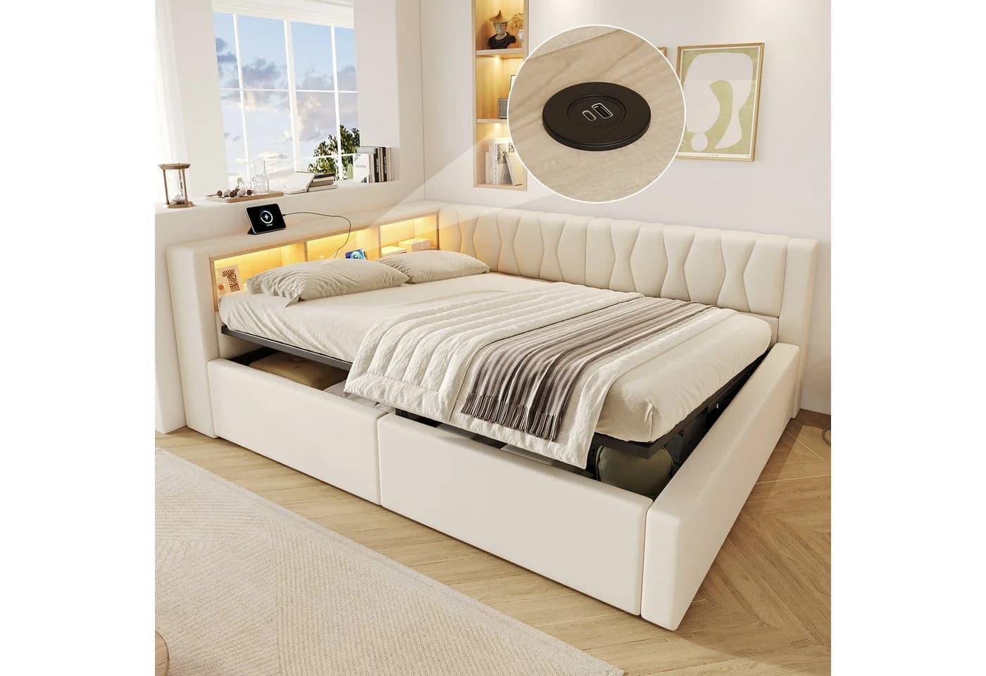 Merax Daybett 140x200 mit LED, Stauraum & USB-Anschluss, Leinenbezug Grau/Beige - Bild 2