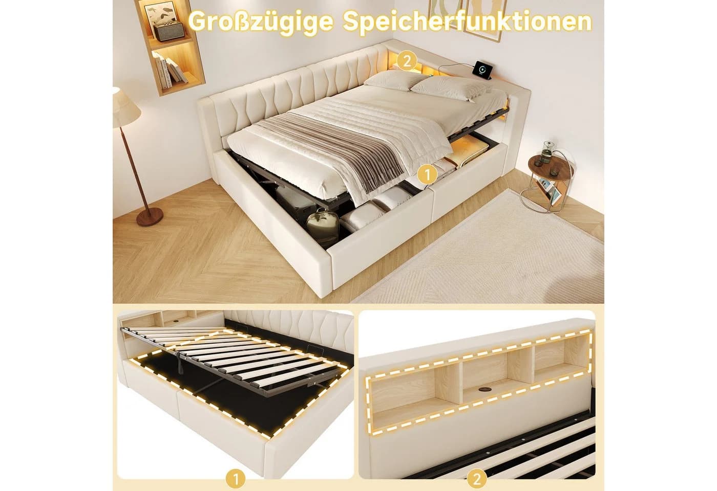 Merax Daybett 140x200 mit LED, Stauraum & USB-Anschluss, Leinenbezug Grau/Beige - Bild 5