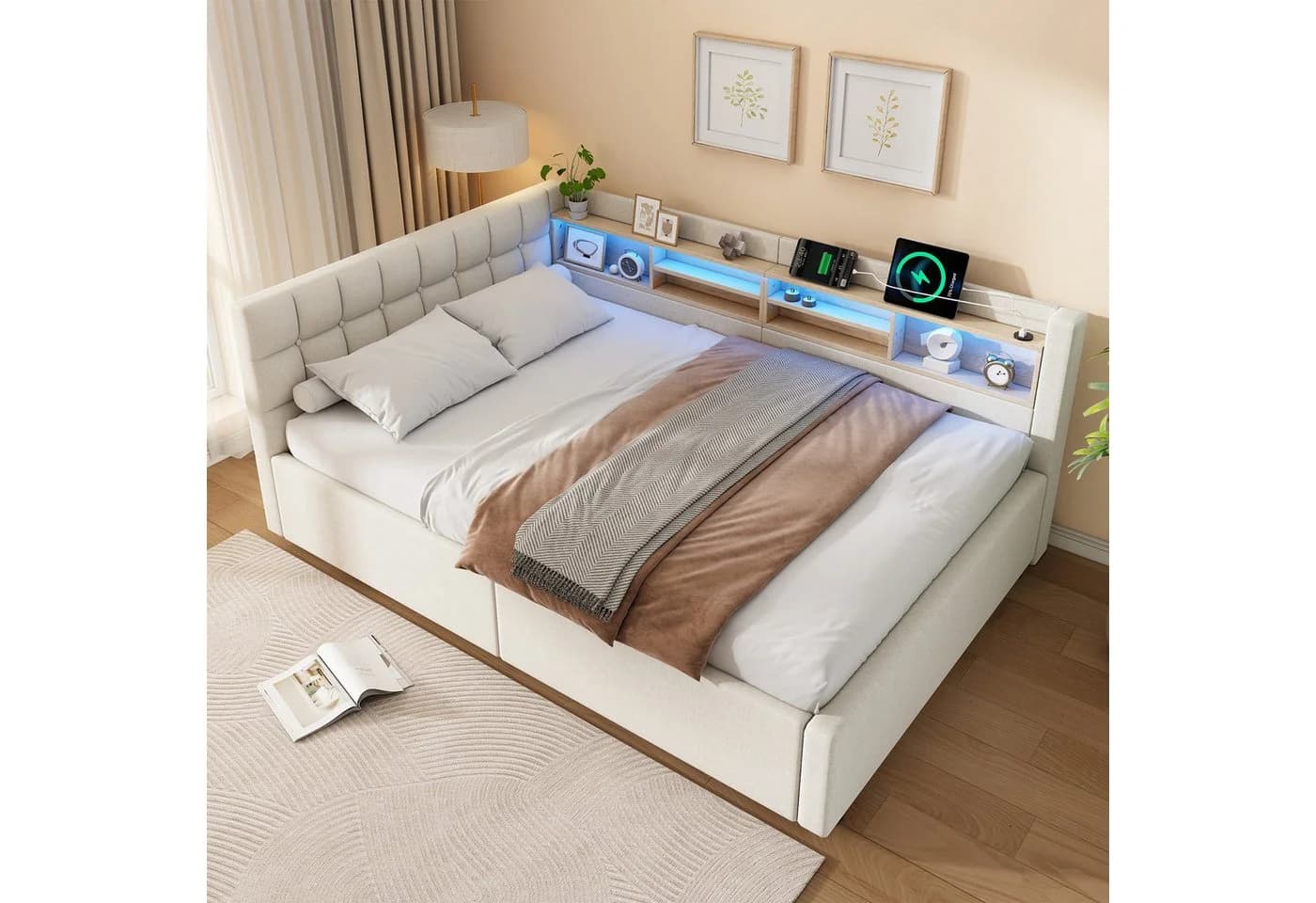 Merax Daybett 140x200 mit LED, USB & Stauraum Leinen Grau/Beige