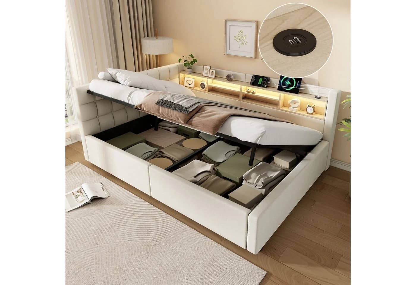 Merax Daybett 140x200 mit LED, USB & Stauraum Leinen Grau/Beige - Bild 2