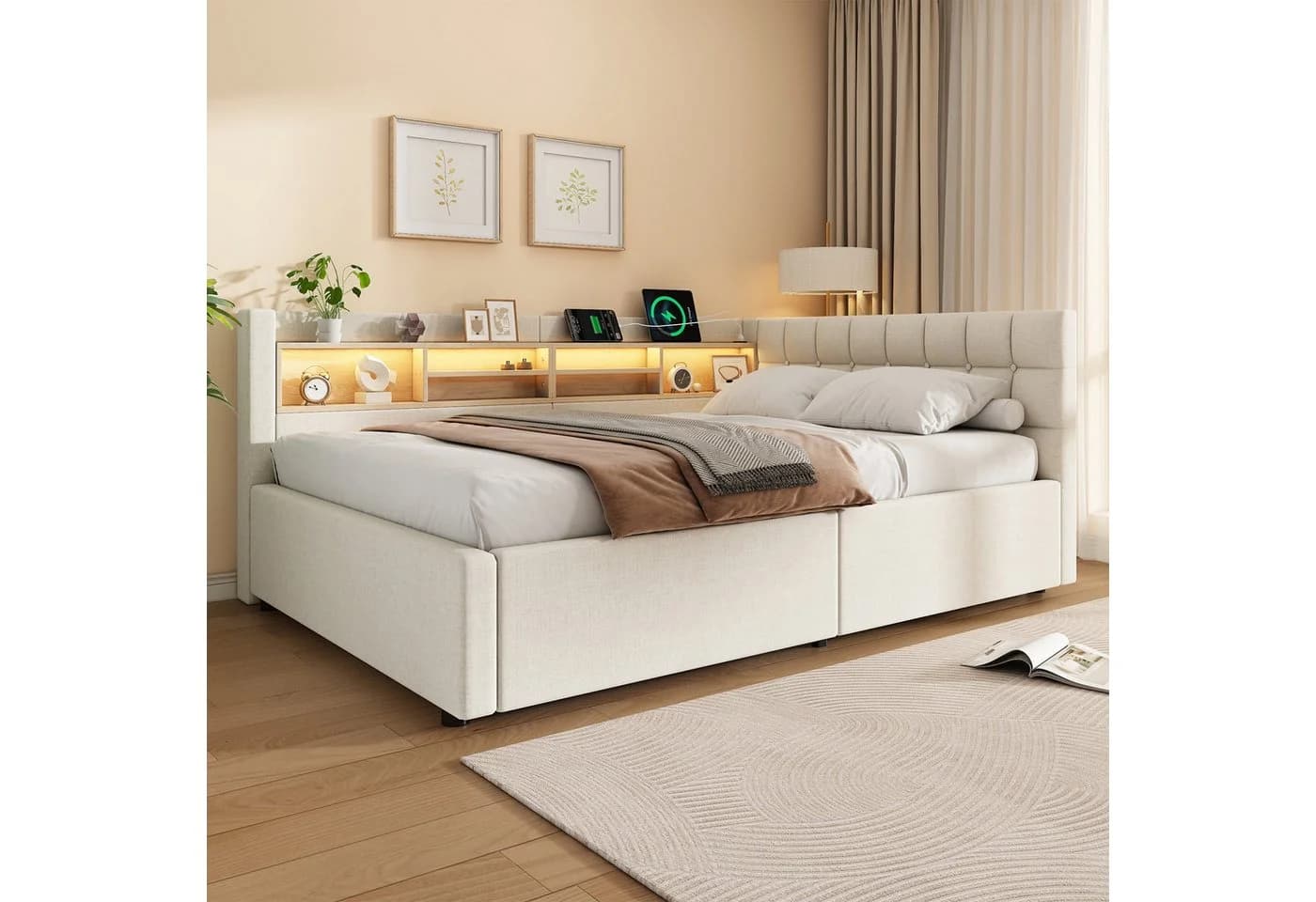 Merax Daybett 140x200 mit LED, USB & Stauraum Leinen Grau/Beige - Bild 3
