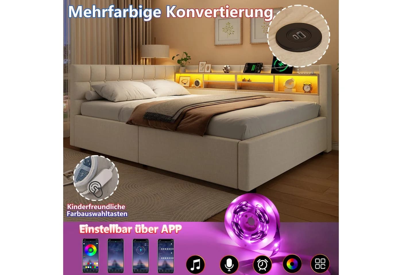 Merax Daybett 140x200 mit LED, USB & Stauraum Leinen Grau/Beige - Bild 4
