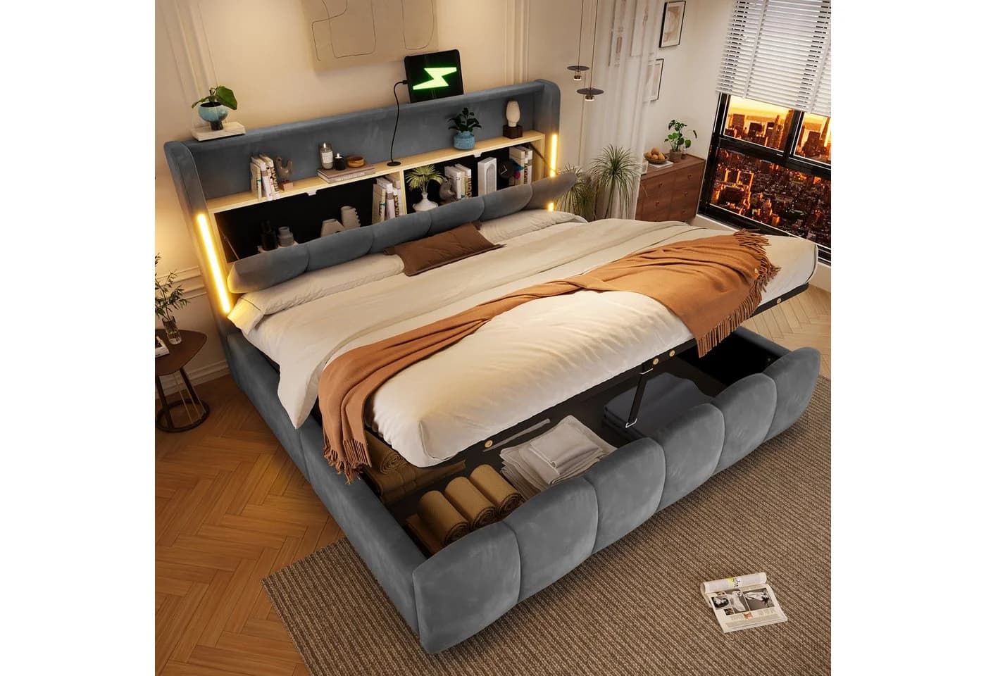Merax Polsterbett 180x200 cm mit Bettkasten, LED & USB - Bild 2