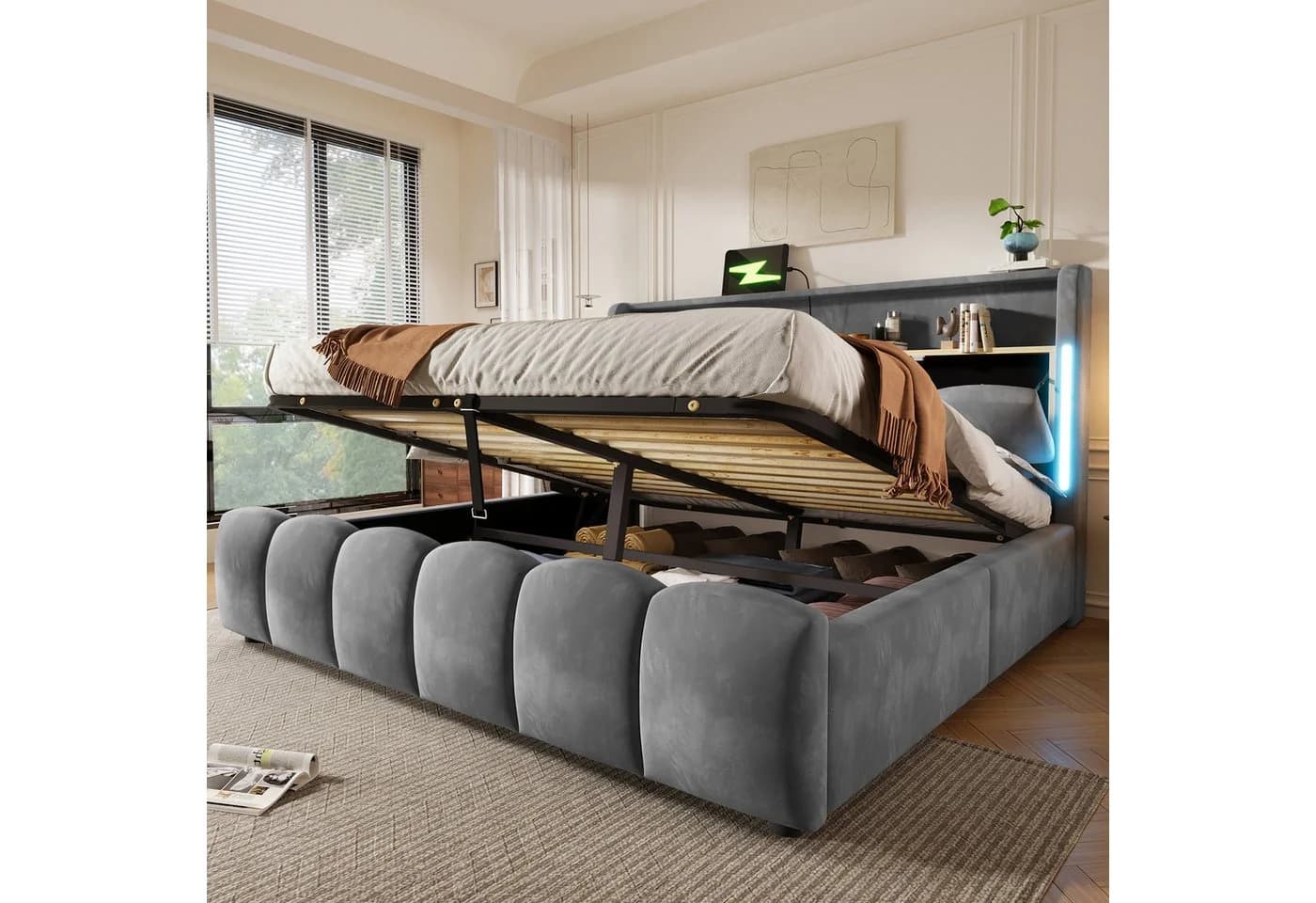 Merax Polsterbett 180x200 cm mit Bettkasten, LED & USB - Bild 3