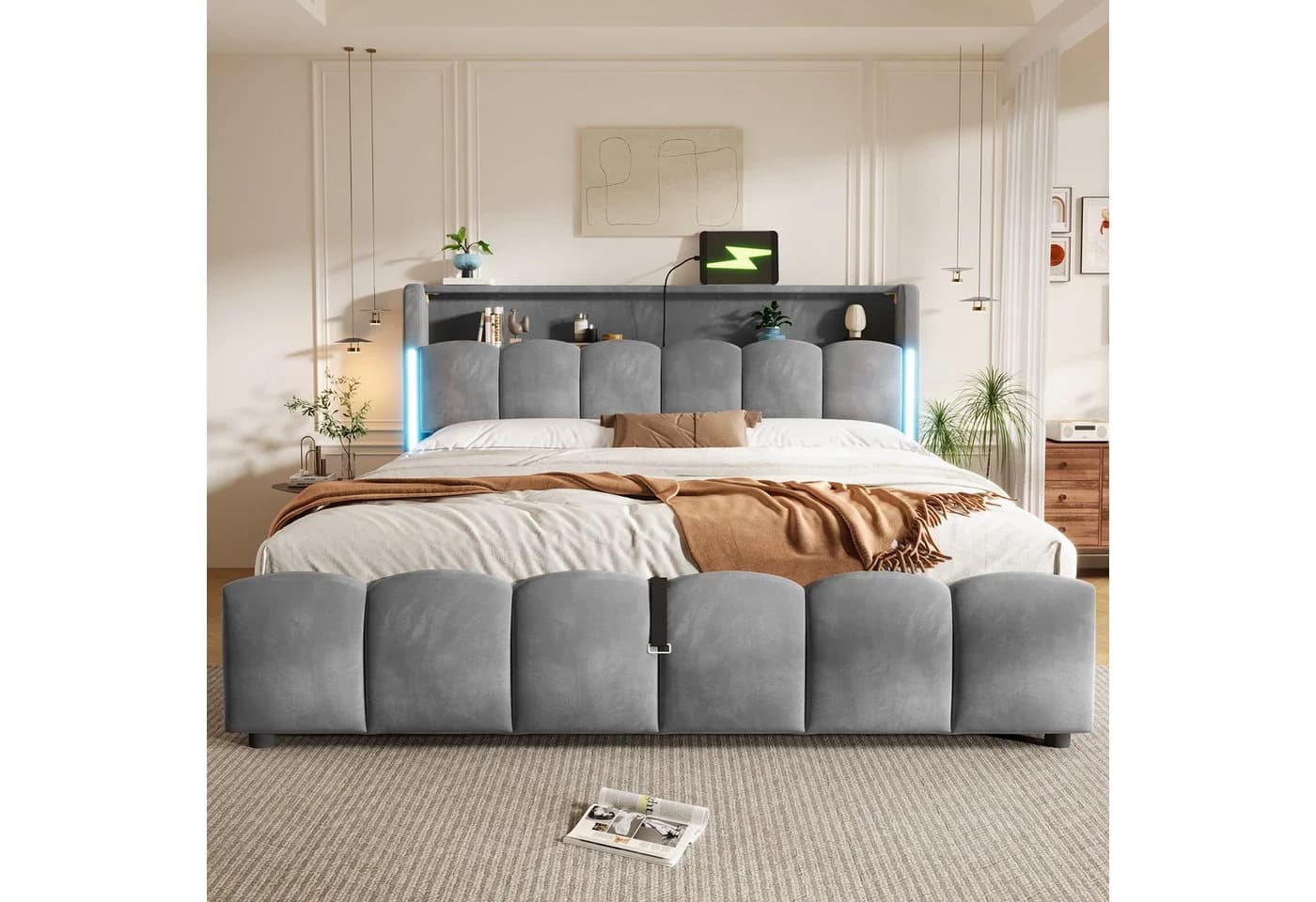 Merax Polsterbett 180x200 cm mit Bettkasten, LED & USB - Bild 4