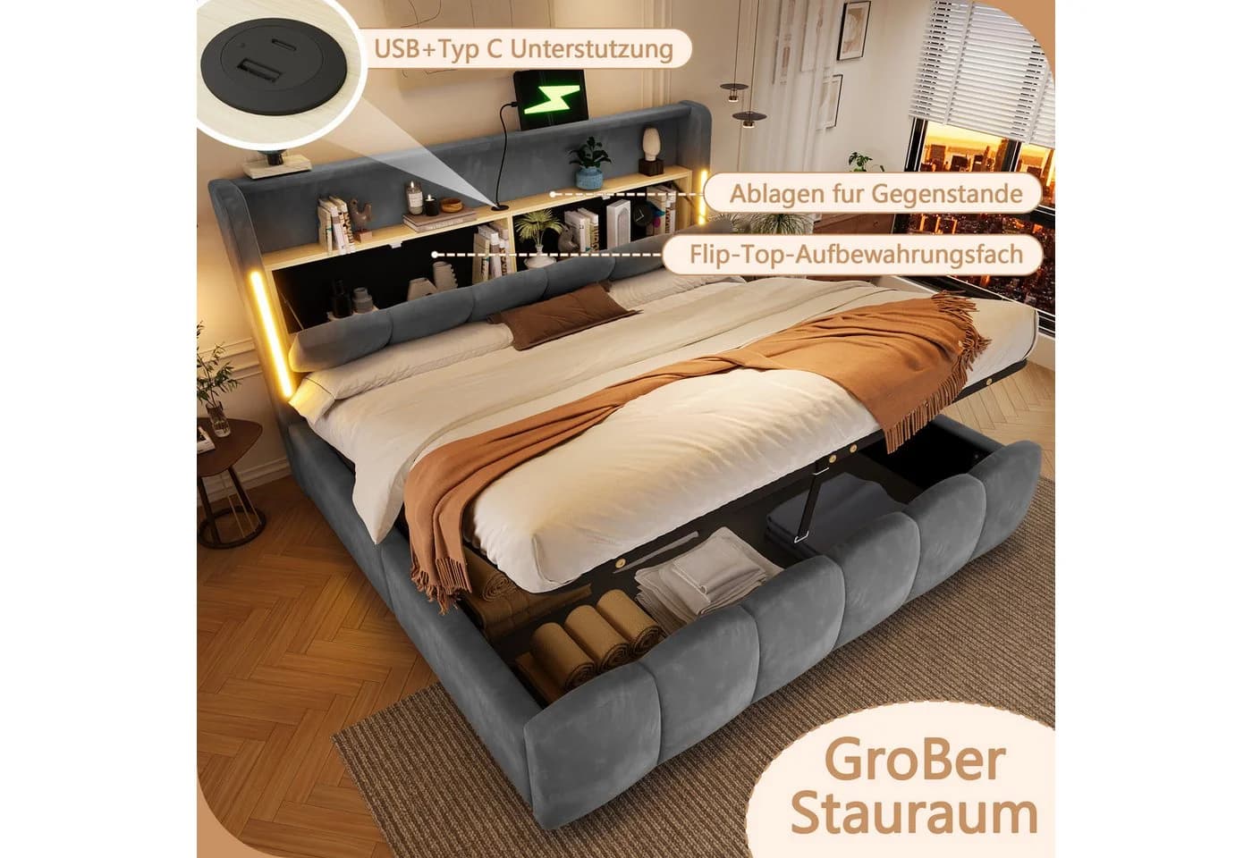 Merax Polsterbett 180x200 cm mit Bettkasten, LED & USB - Bild 5