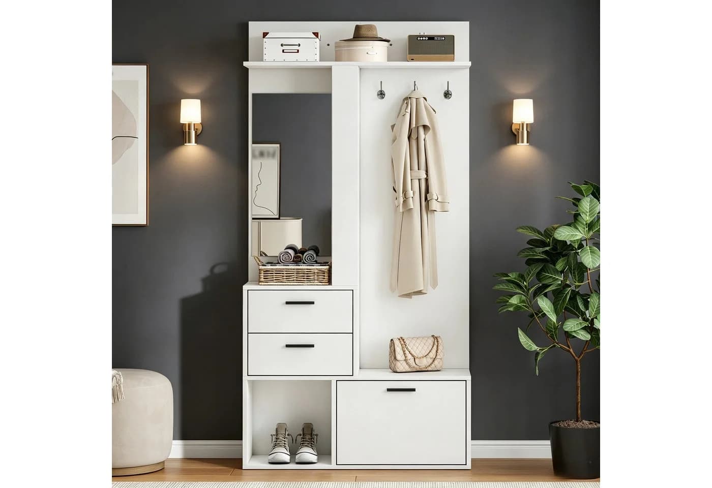 Merax Garderobe mit Spiegel, Schubladen & Schuhschrank Weiß