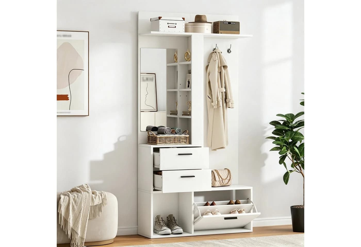 Merax Garderobe mit Spiegel, Schubladen & Schuhschrank Weiß - Bild 2