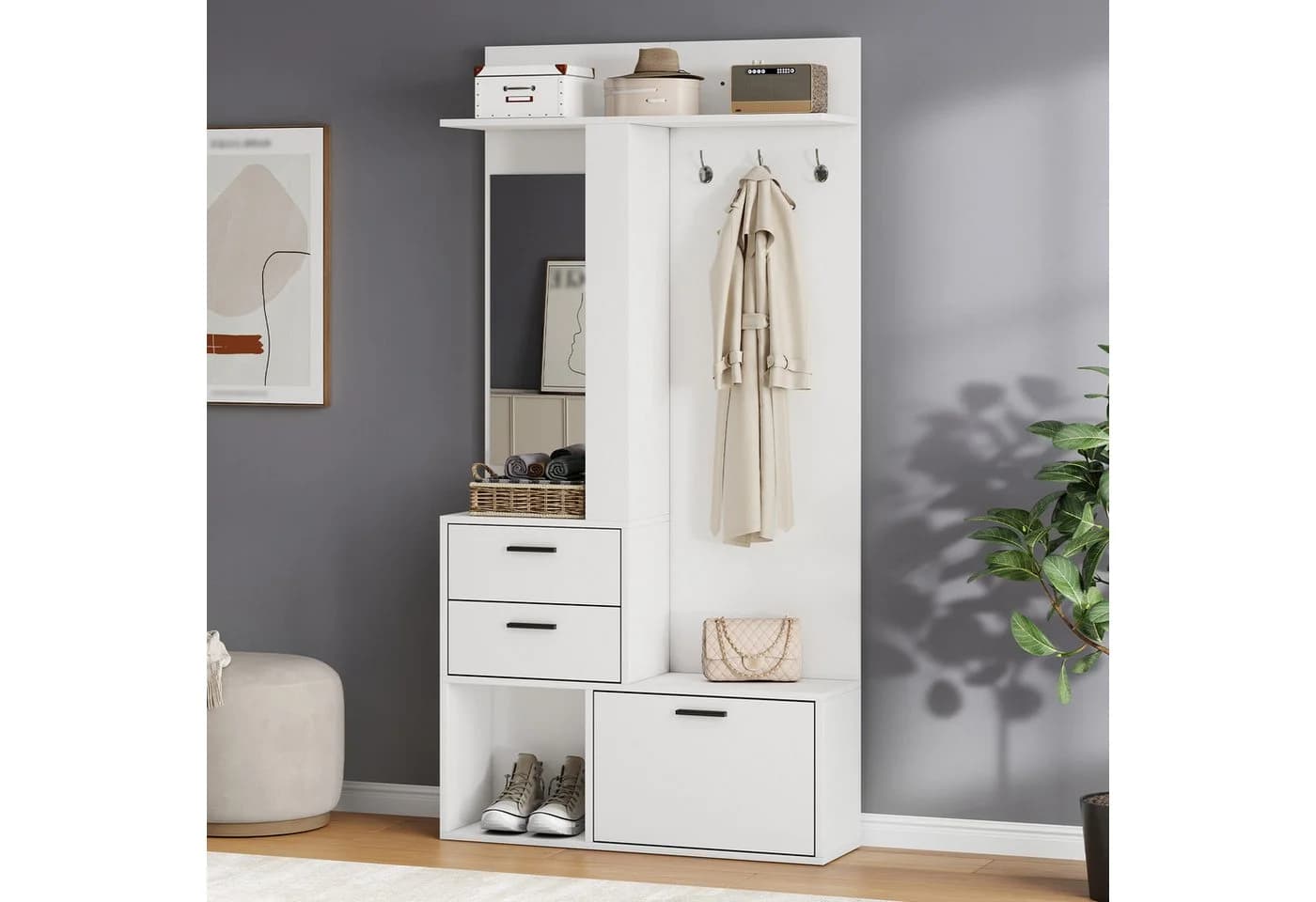 Merax Garderobe mit Spiegel, Schubladen & Schuhschrank Weiß - Bild 3
