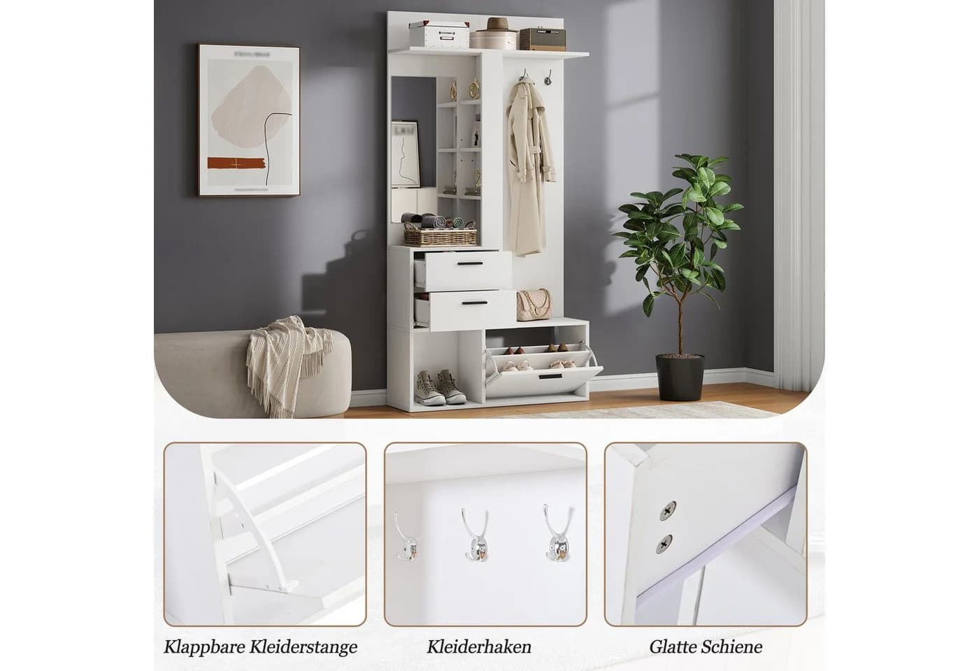 Merax Garderobe mit Spiegel, Schubladen & Schuhschrank Weiß - Bild 5