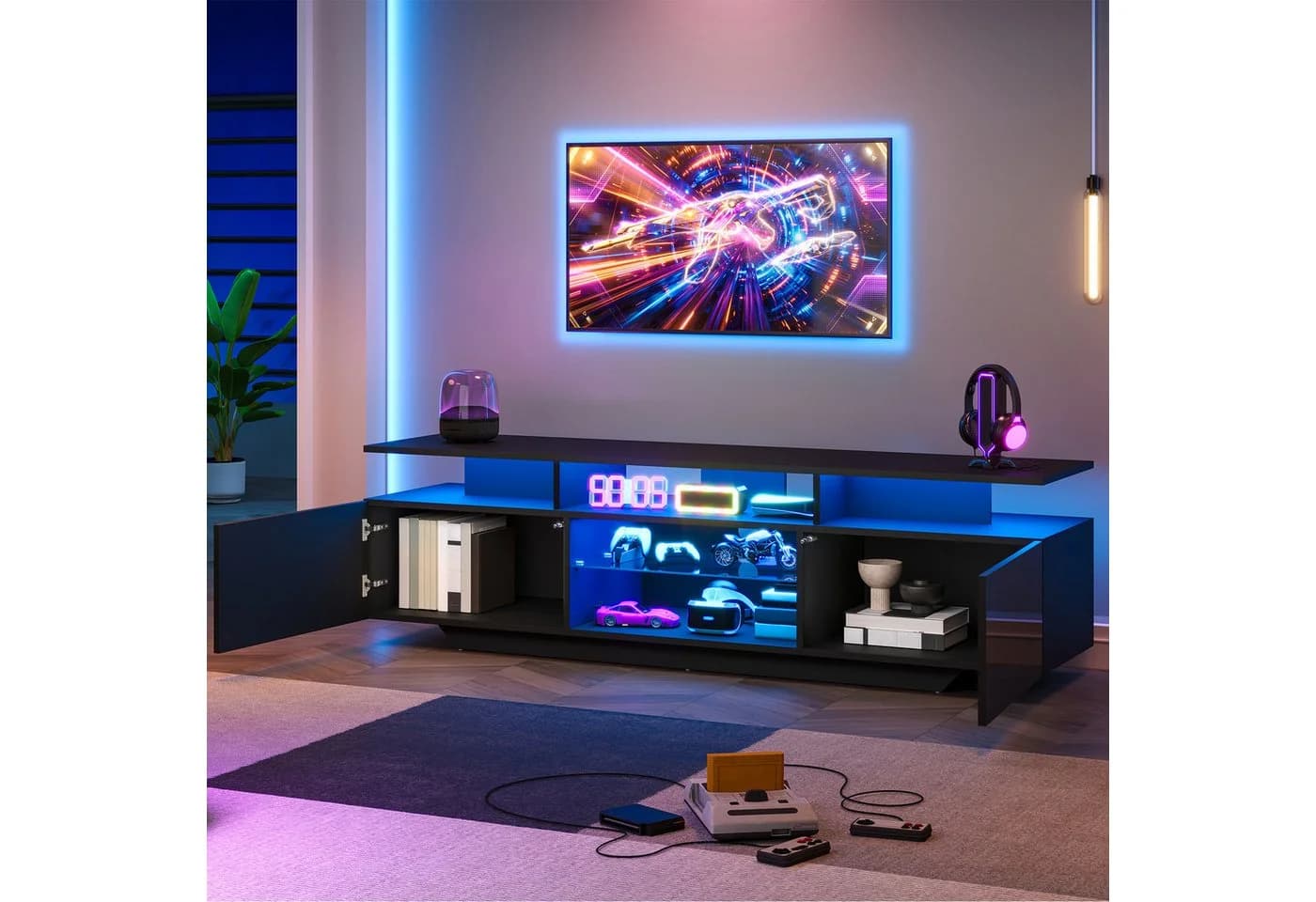 Merax Lowboard TV-Schrank mit LED-Beleuchtung & Hochglanzfront Schwarz/Weiß