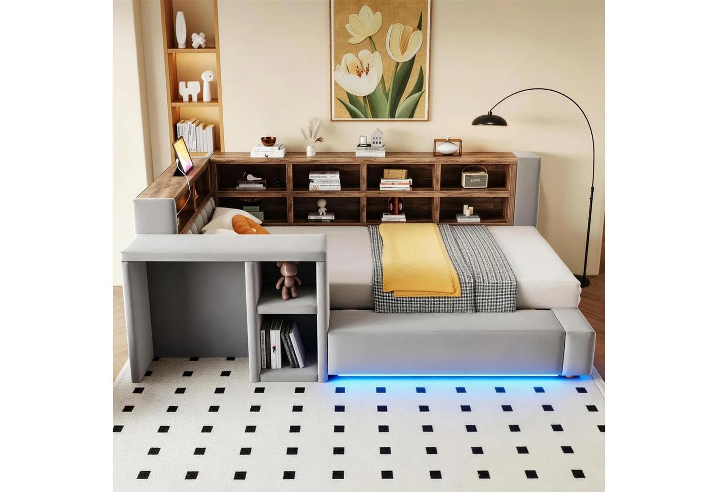 Merax Polsterbett 90x200 cm mit LED, Steckdosen & Stauraum Samt grau
