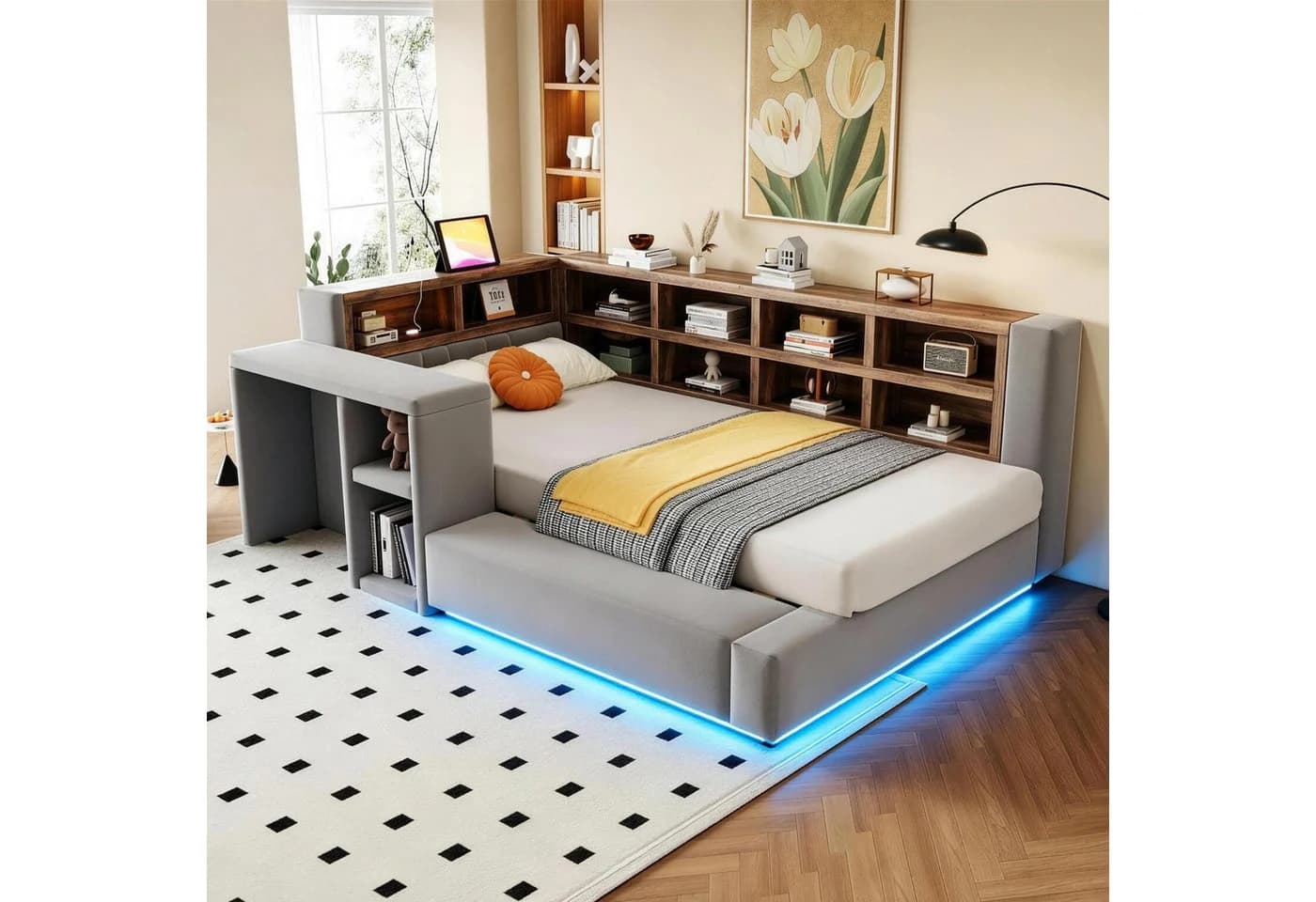 Merax Polsterbett 90x200 cm mit LED, Steckdosen & Stauraum Samt grau - Bild 3