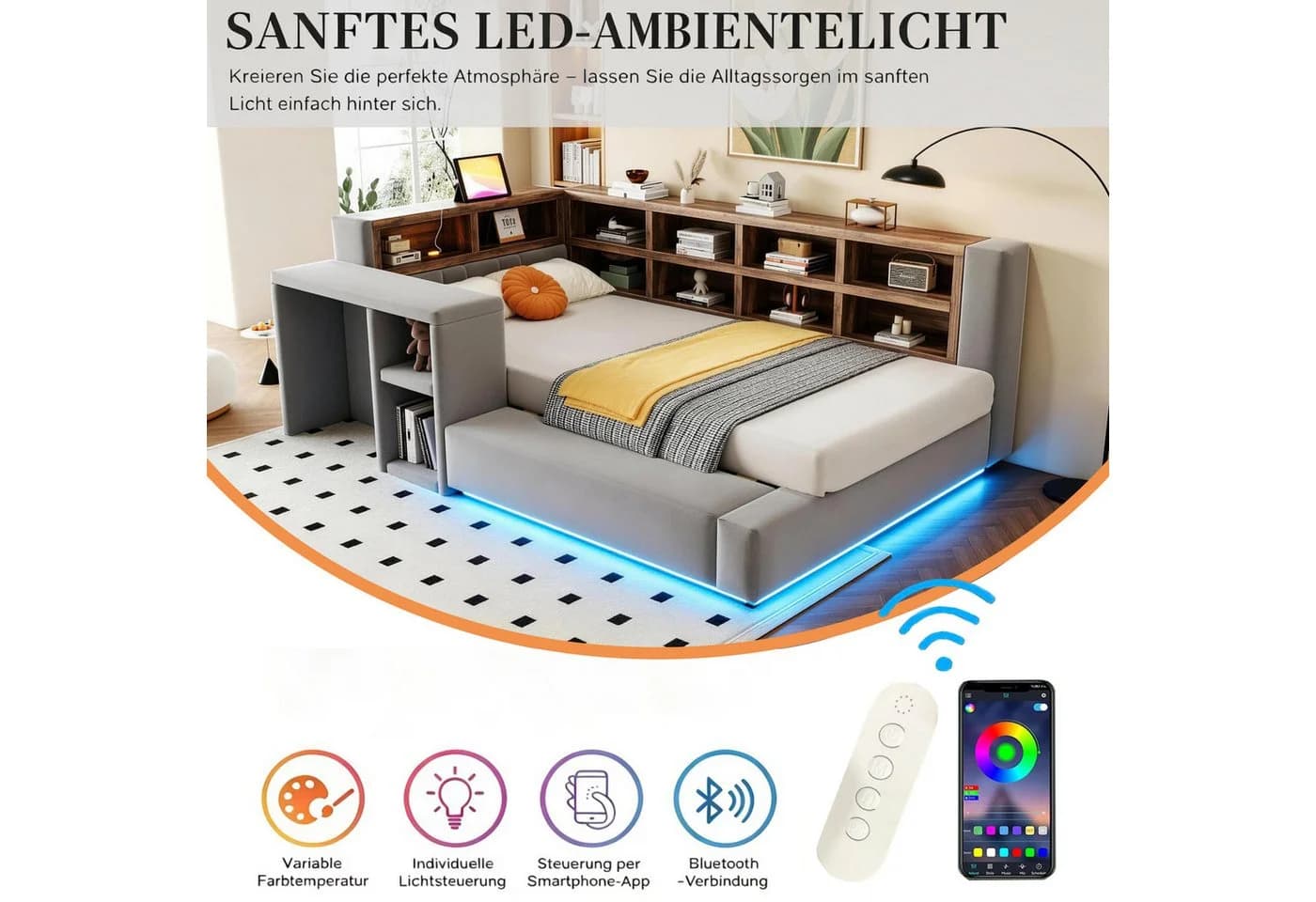 Merax Polsterbett 90x200 cm mit LED, Steckdosen & Stauraum Samt grau - Bild 5