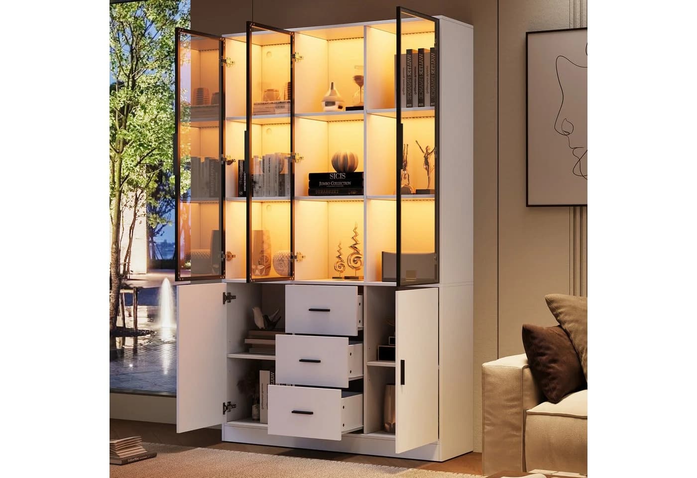 Merax Glasvitrine Highboard mit LED-Beleuchtung 5 Türen 3 Schubladen Weiß