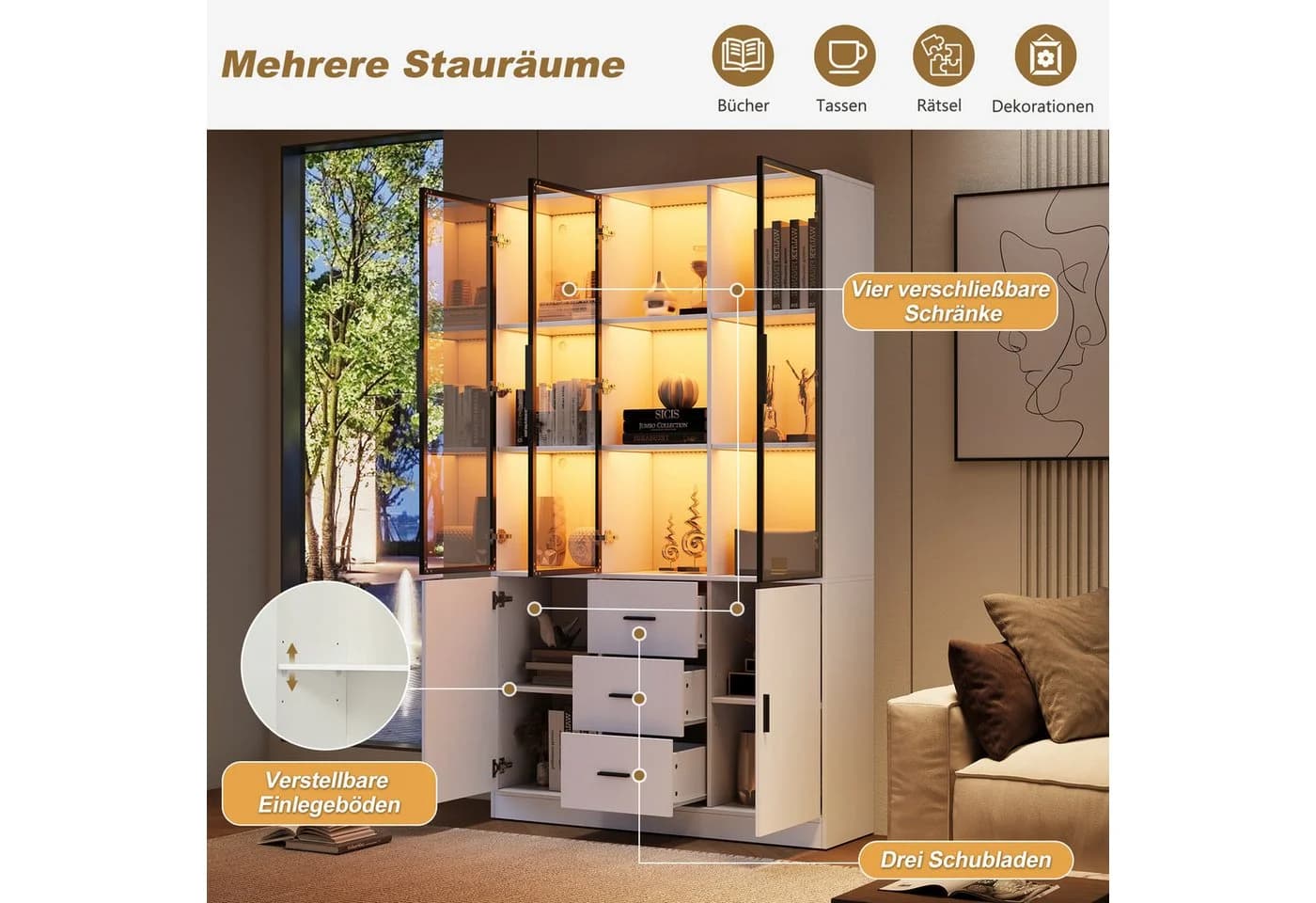 Merax Glasvitrine Highboard mit LED-Beleuchtung 5 Türen 3 Schubladen Weiß - Bild 4