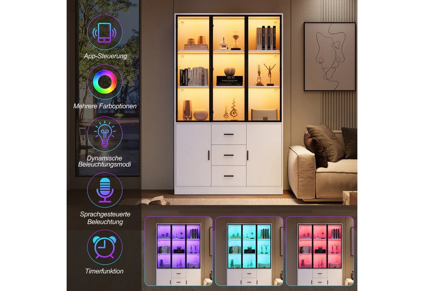 Merax Glasvitrine Highboard mit LED-Beleuchtung 5 Türen 3 Schubladen Weiß - Bild 5