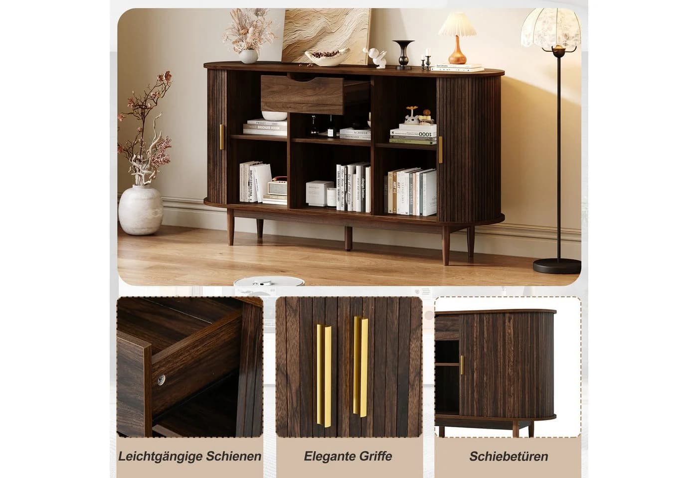 Merax Sideboard Walnussholzoptik 2 Schiebetüren 1 Schublade Retro - Bild 5