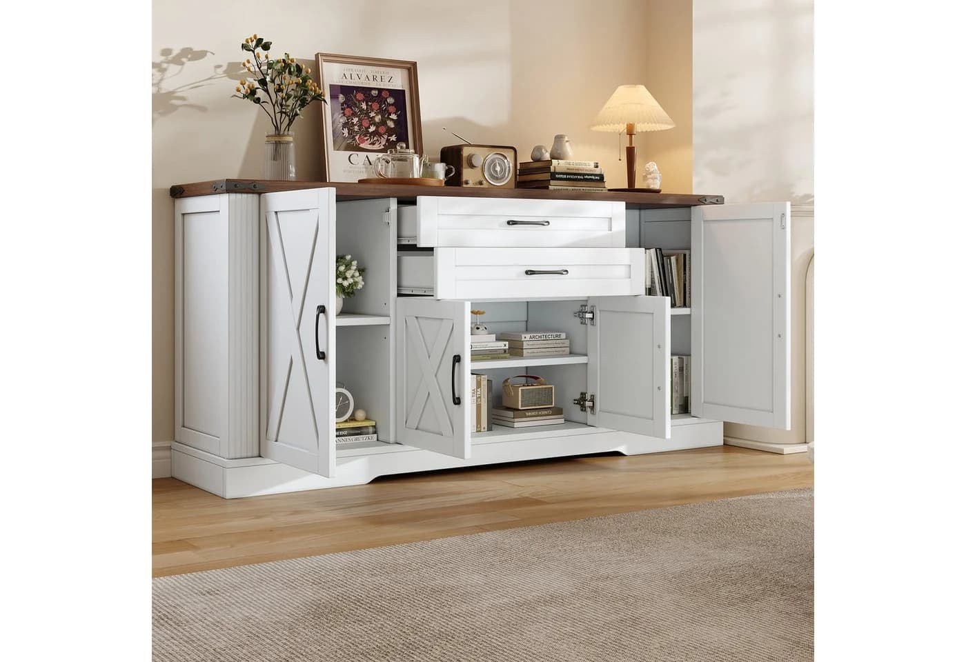 Merax Sideboard Landhausstil Weiß mit Holzoptik-Arbeitsplatte