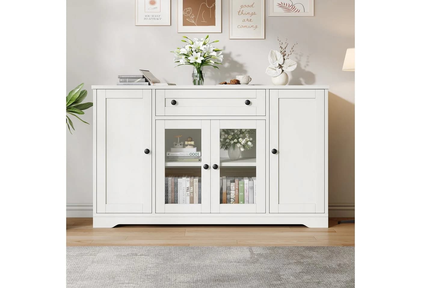 Merax Sideboard Weiß mit Glastüren und verstellbaren Einlegeböden - Bild 2