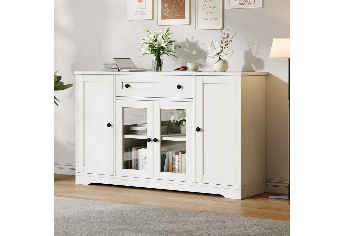Merax Sideboard Weiß mit Glastüren und verstellbaren Einlegeböden - Bild 3