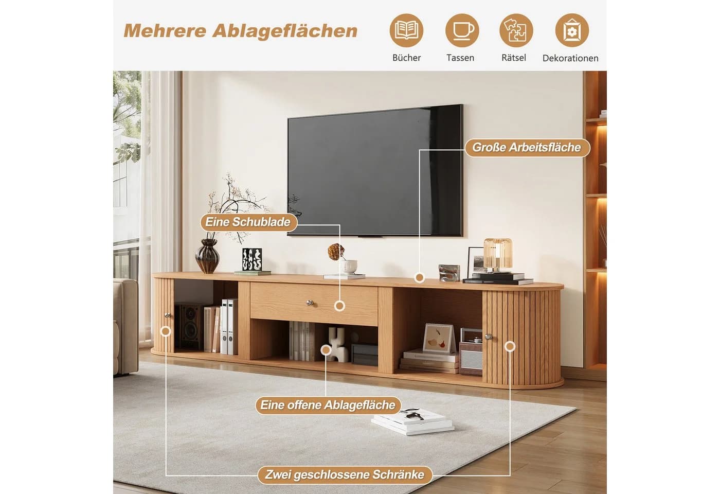 Merax TV-Lowboard 180cm Walnussholzoptik mit Rollo-Türen - Bild 4