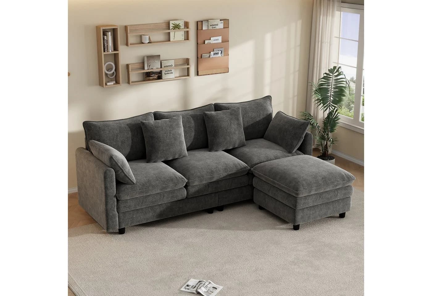 Merax Ecksofa Chenille L-förmig mit Chaiselongue Beige/Grau