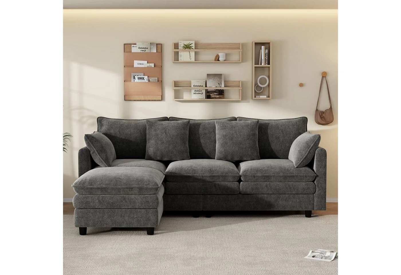 Merax Ecksofa Chenille L-förmig mit Chaiselongue Beige/Grau - Bild 3