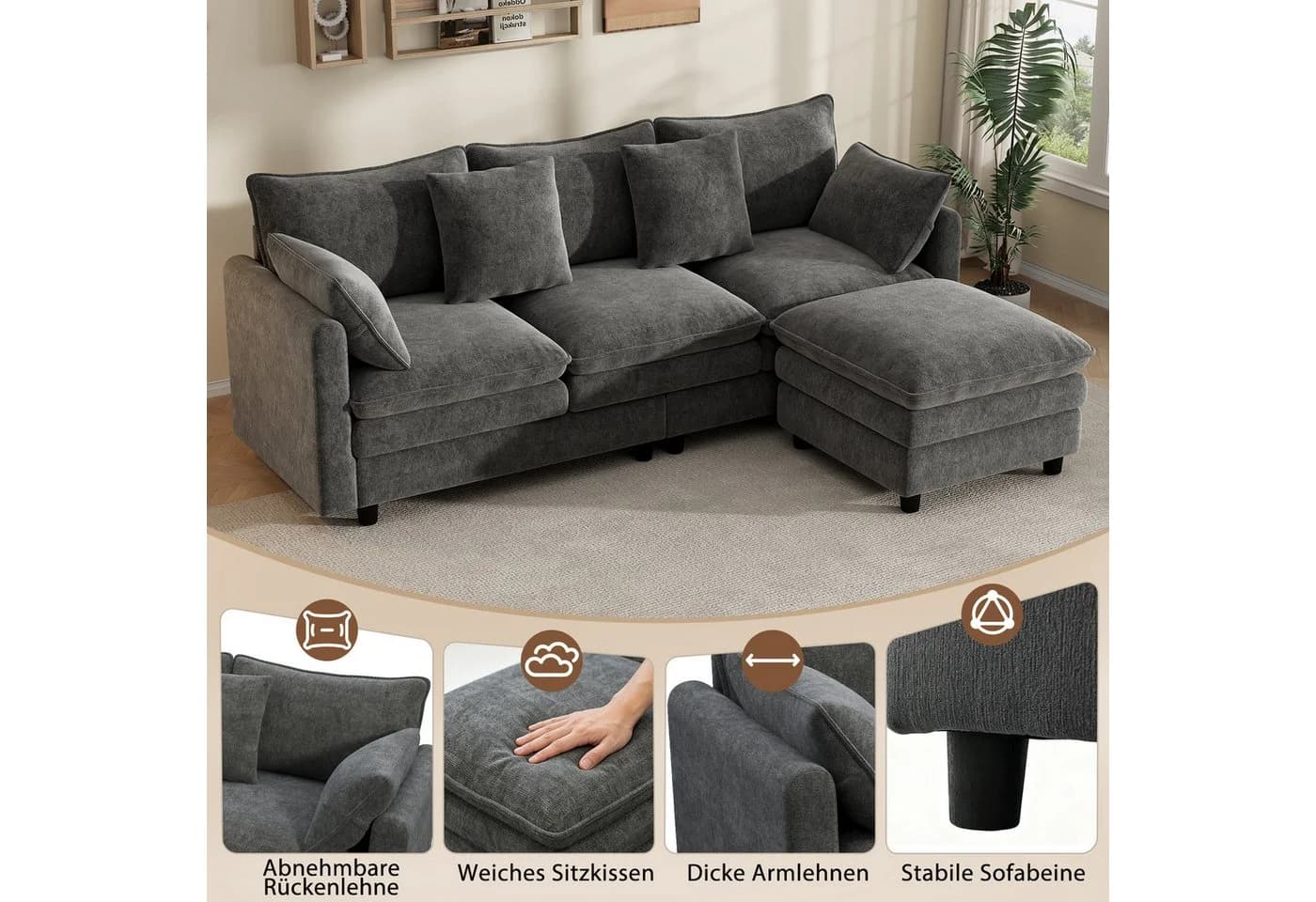 Merax Ecksofa Chenille L-förmig mit Chaiselongue Beige/Grau - Bild 4