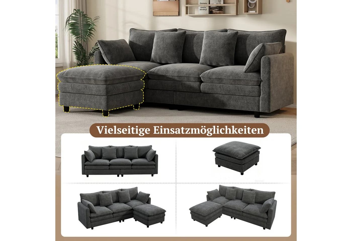 Merax Ecksofa Chenille L-förmig mit Chaiselongue Beige/Grau - Bild 5
