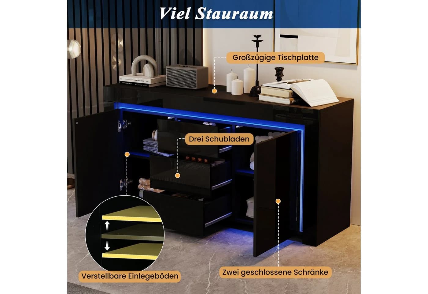 Merax Sideboard Hochglanz mit LED-Beleuchtung Schwarz/Weiß - Bild 4