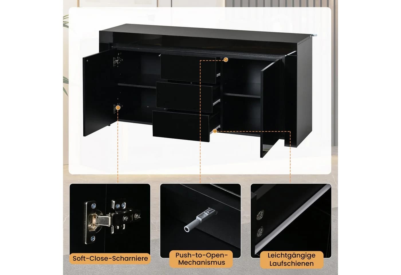 Merax Sideboard Hochglanz mit LED-Beleuchtung Schwarz/Weiß - Bild 5
