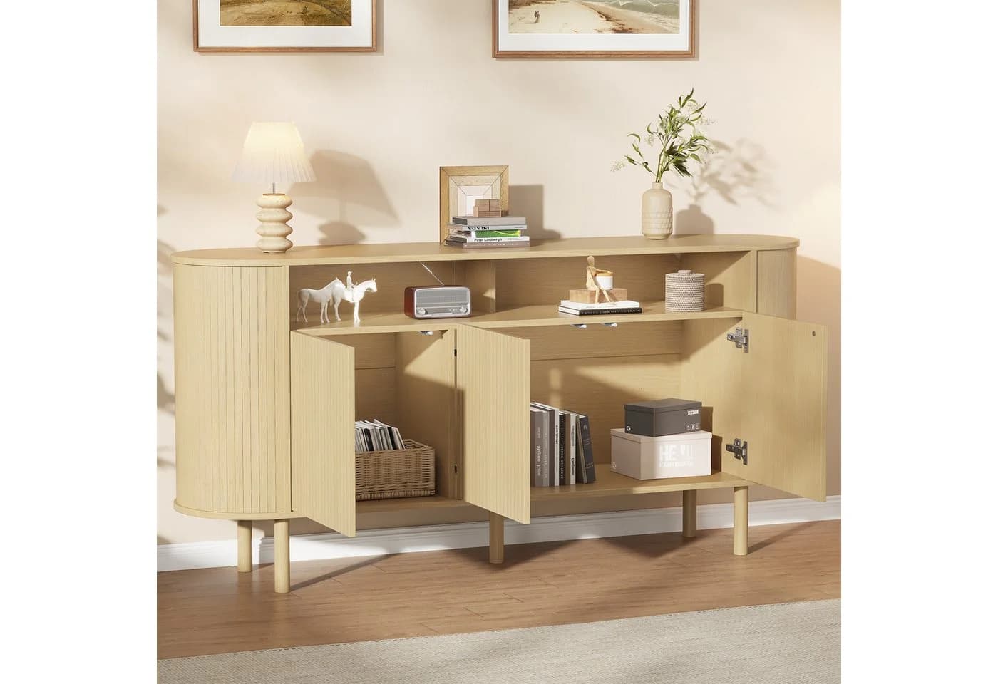 Merax Sideboard Nussbaum 3 Wellentüren Massivholzbeine