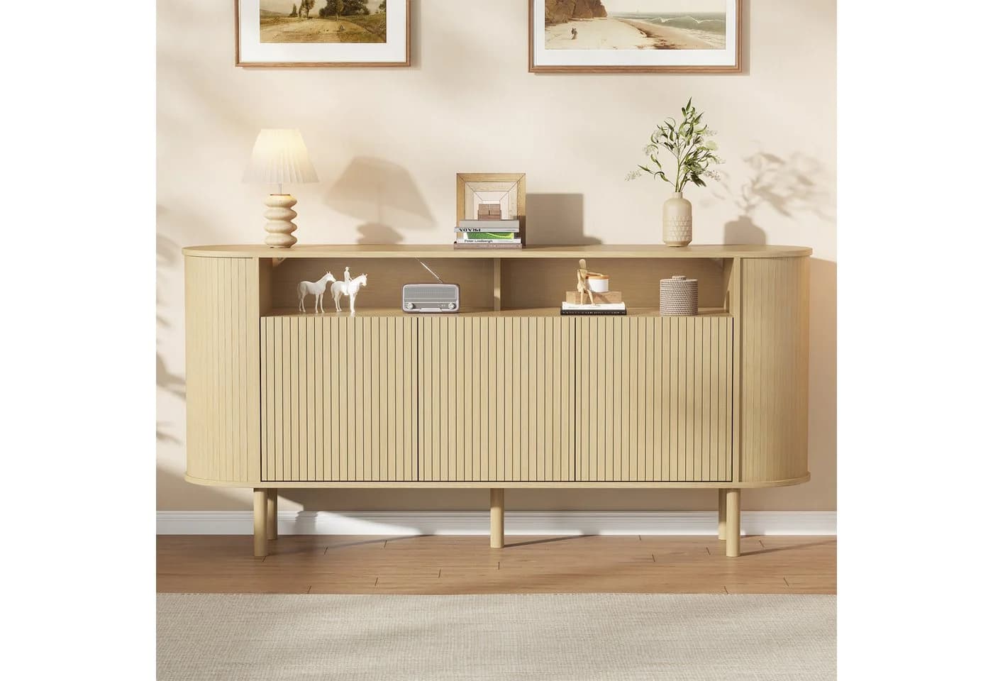 Merax Sideboard Nussbaum 3 Wellentüren Massivholzbeine - Bild 2