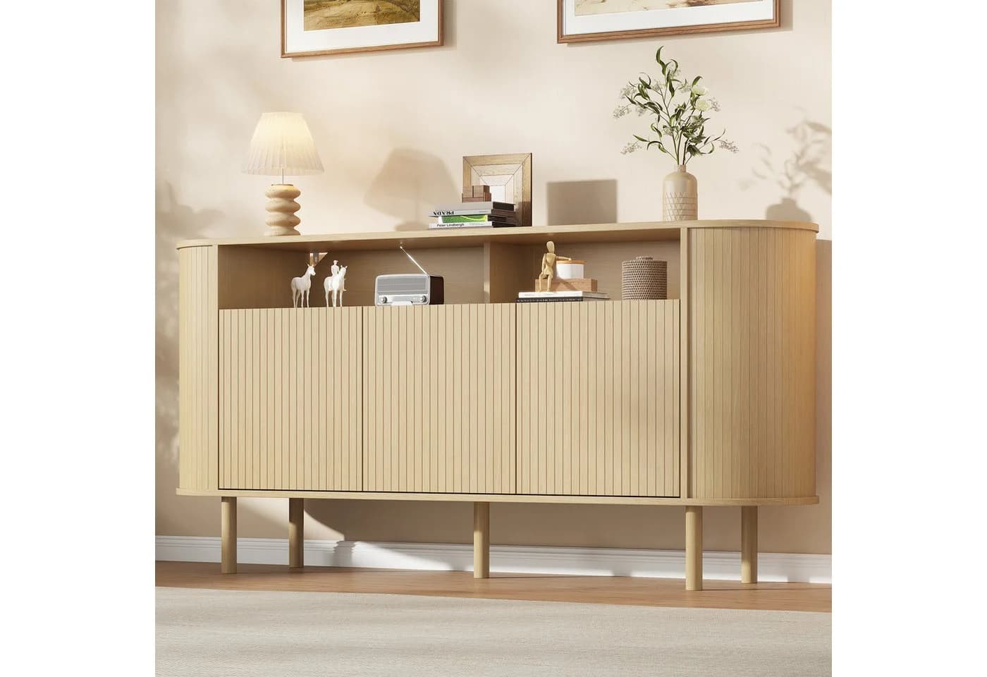 Merax Sideboard Nussbaum 3 Wellentüren Massivholzbeine - Bild 3