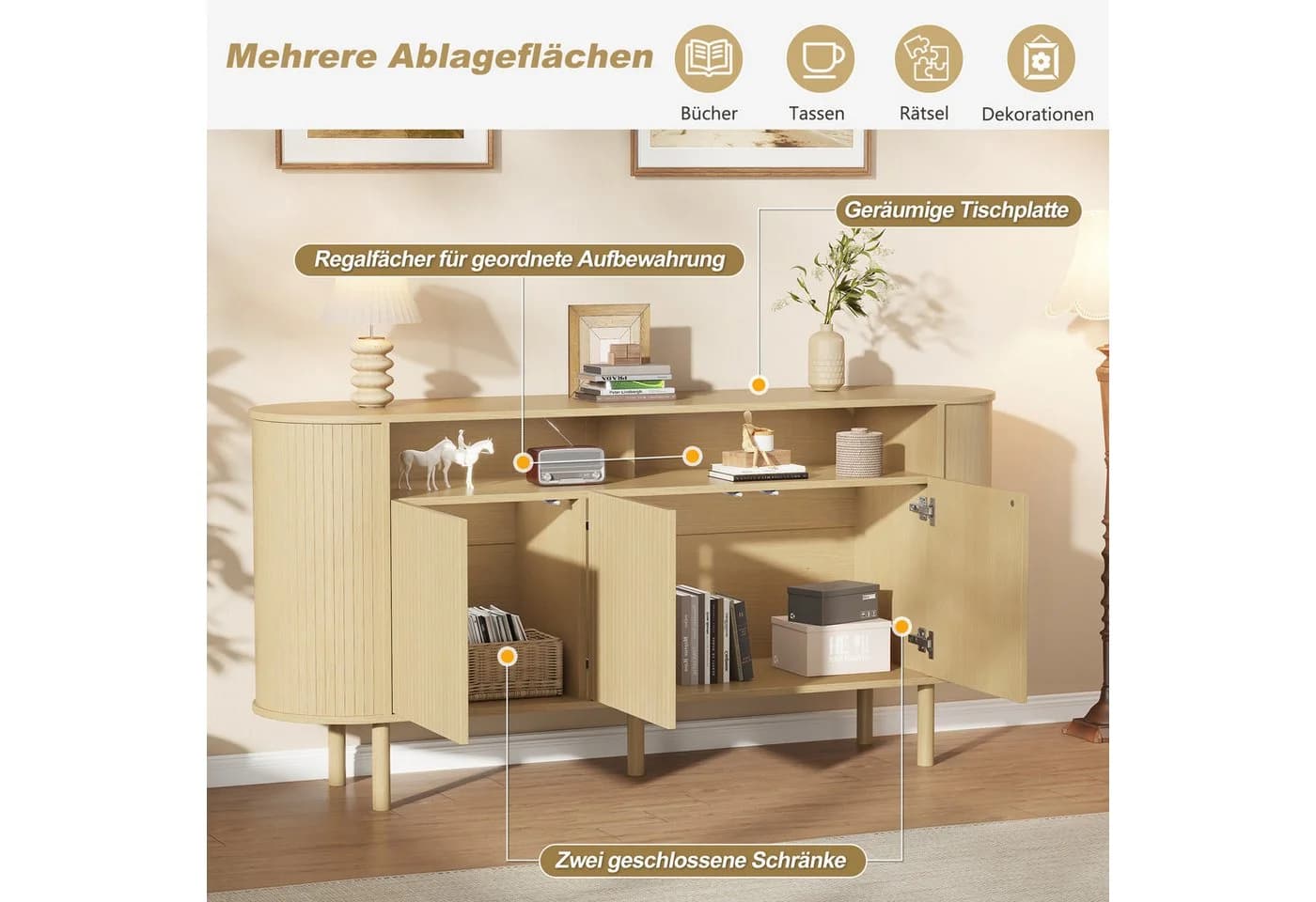 Merax Sideboard Nussbaum 3 Wellentüren Massivholzbeine - Bild 4