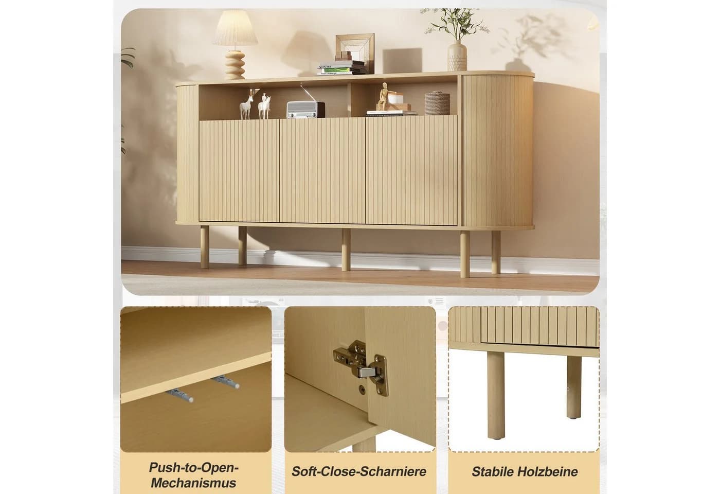 Merax Sideboard Nussbaum 3 Wellentüren Massivholzbeine - Bild 5