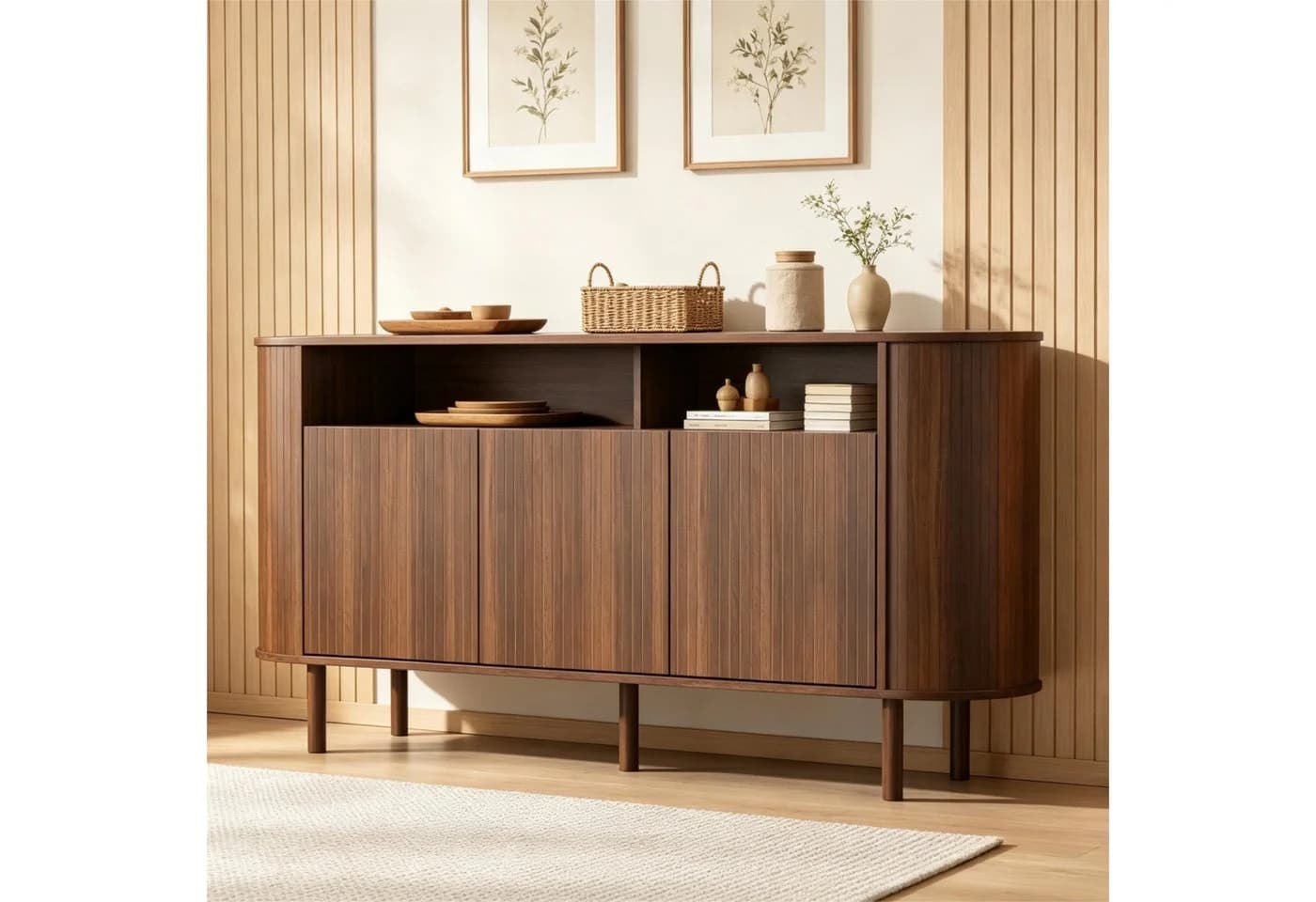Merax Sideboard Nussbaum 3 Wellentüren Massivholzbeine - Bild 3