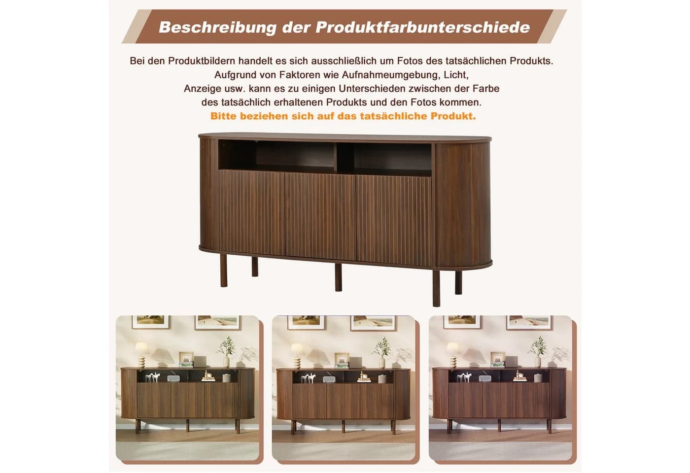 Merax Sideboard Nussbaum 3 Wellentüren Massivholzbeine - Bild 4