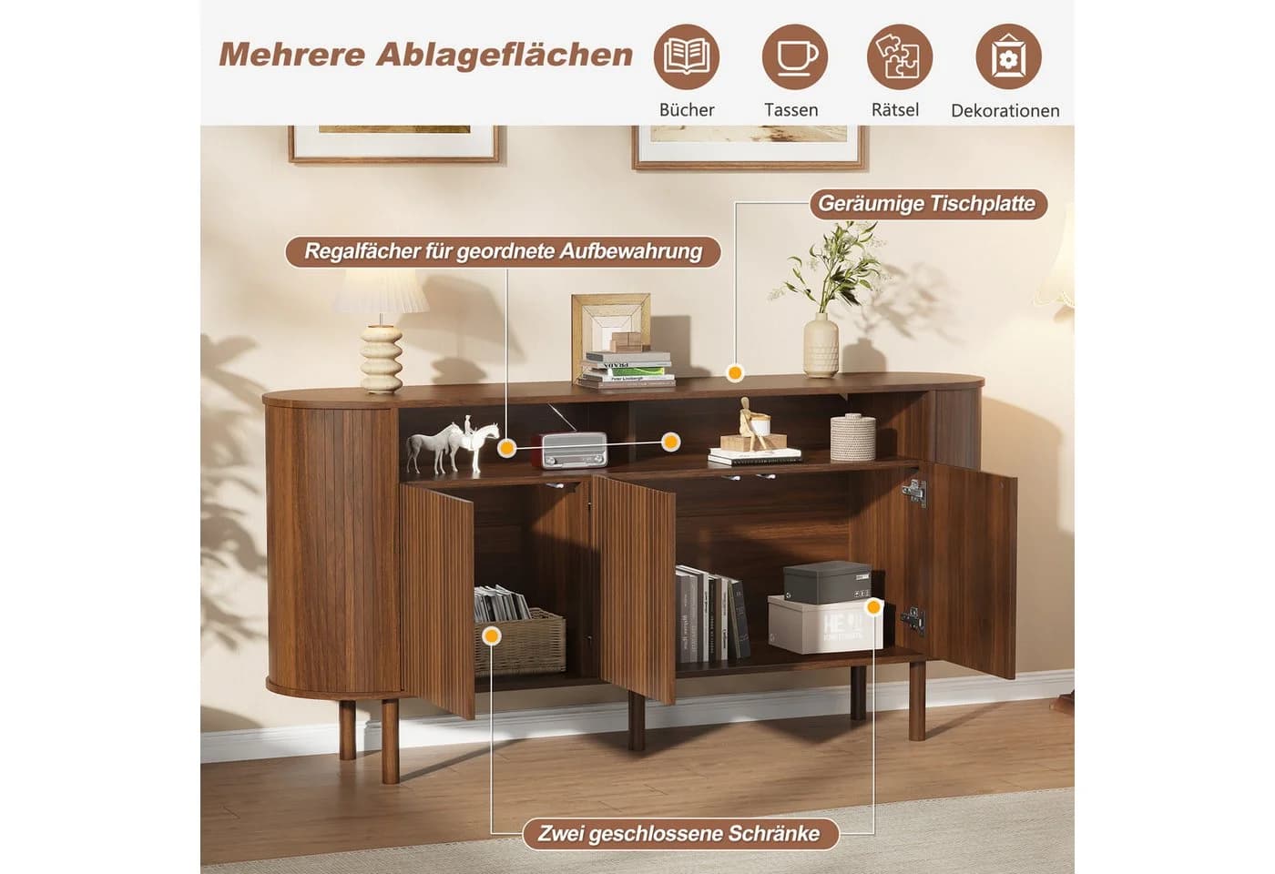 Merax Sideboard Nussbaum 3 Wellentüren Massivholzbeine - Bild 5