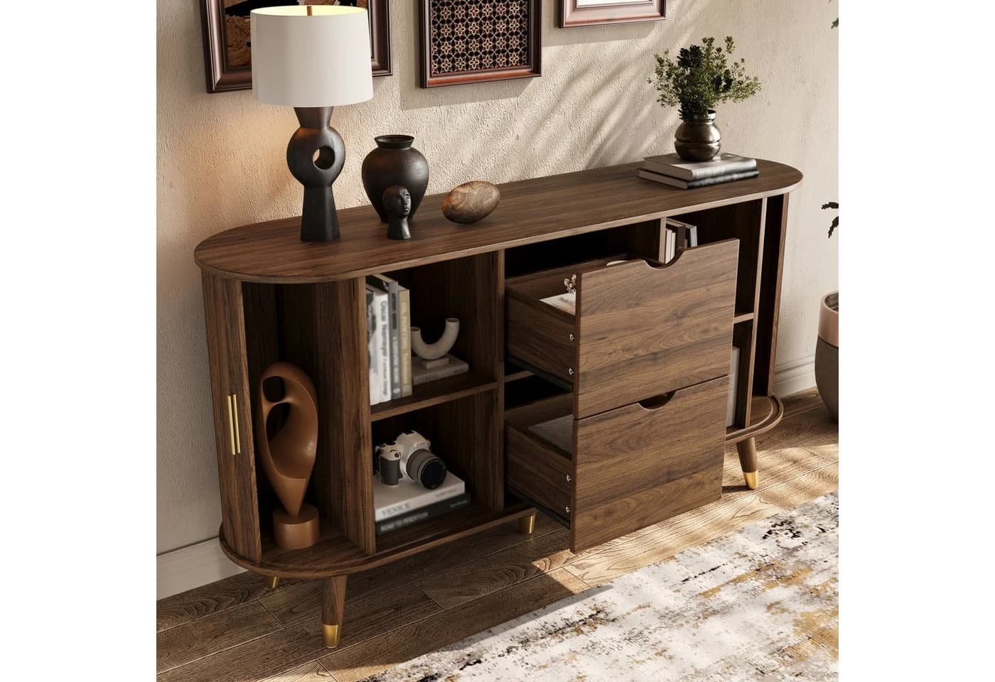 Merax Sideboard Walnuss 140 cm mit Schubladen & Schiebetüren - Bild 4