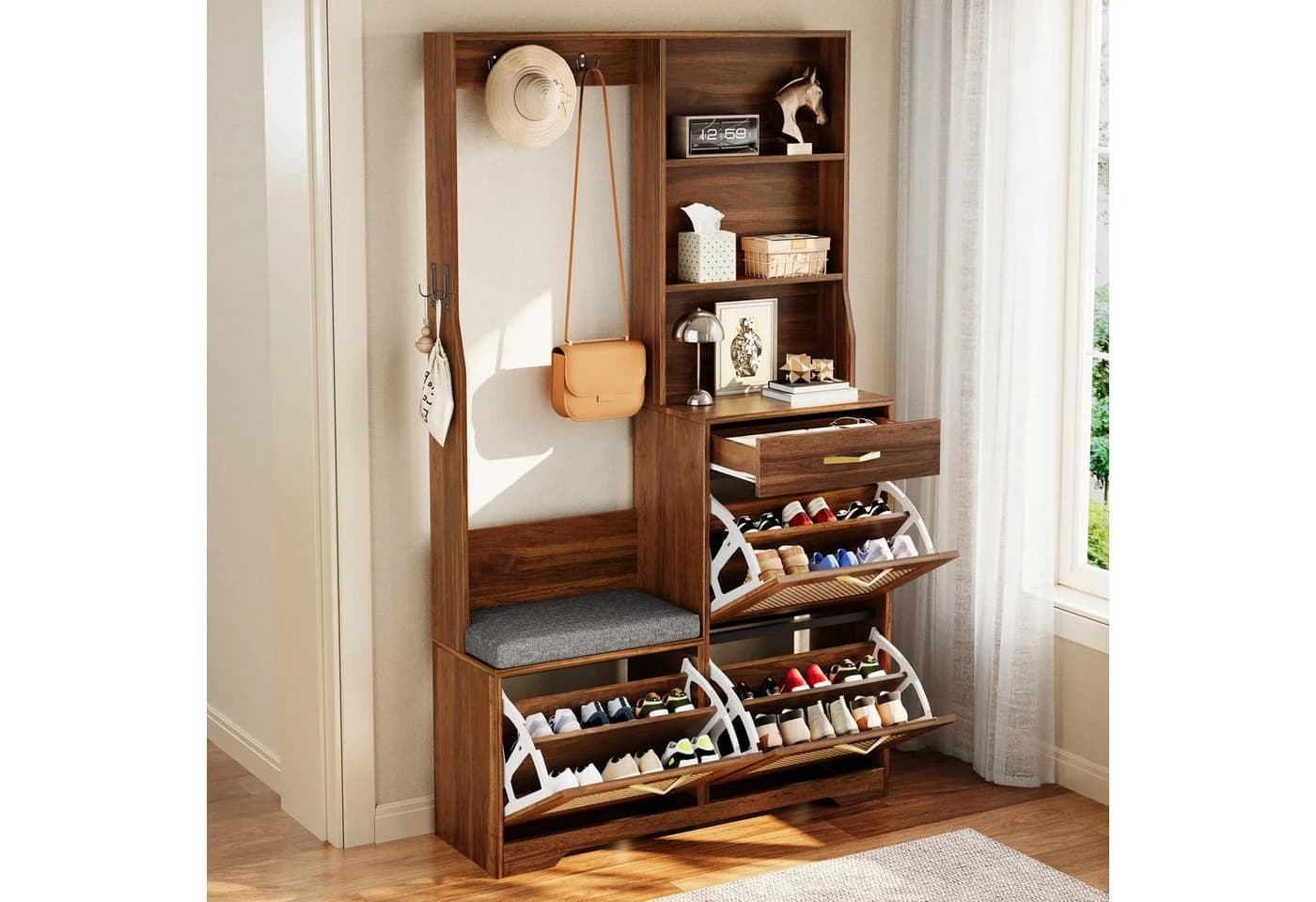 Merax Flurgarderobe mit Rattan-Front, Schuhschrank und Sitzbank