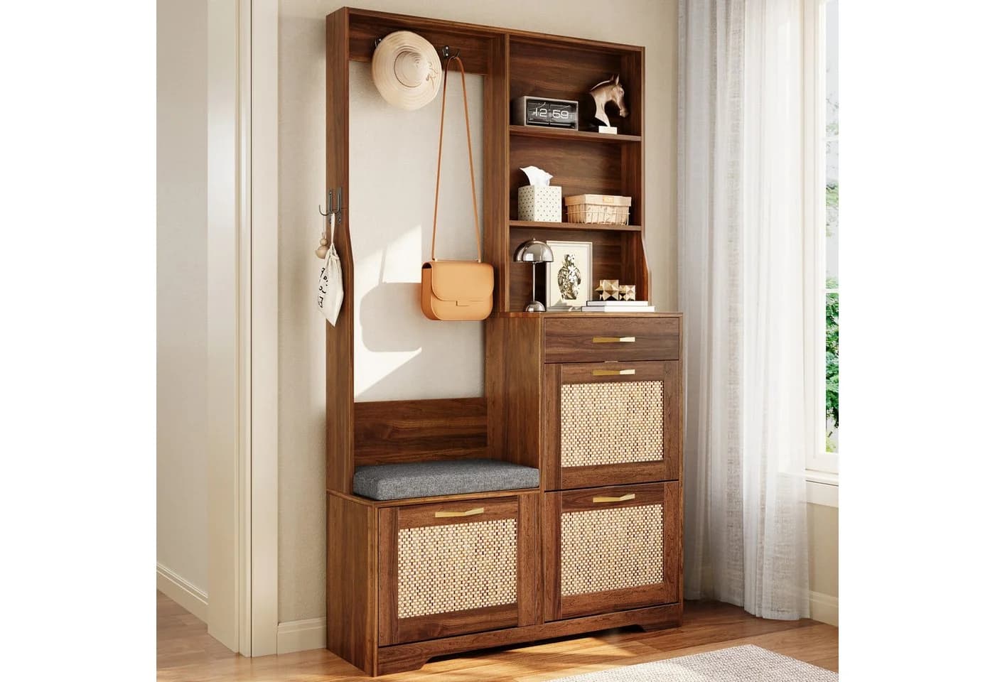 Merax Flurgarderobe mit Rattan-Front, Schuhschrank und Sitzbank - Bild 3