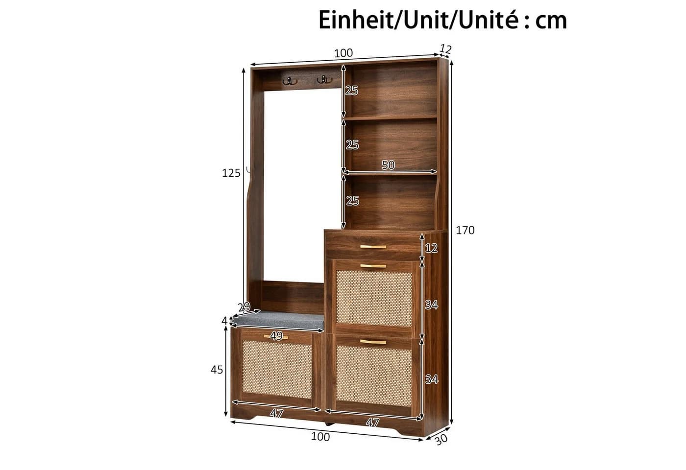 Merax Flurgarderobe mit Rattan-Front, Schuhschrank und Sitzbank - Bild 5