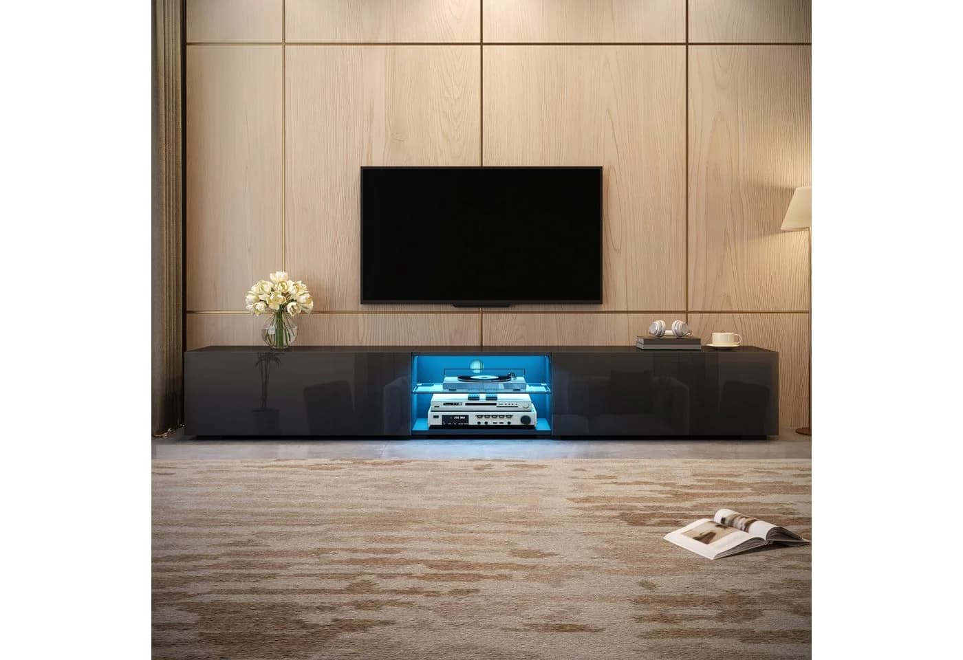 Merax TV-Schrank Lowboard mit LED-Beleuchtung & Hochglanz-Türen Schwarz/Weiß - Bild 4