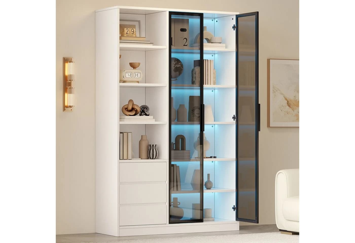 Merax Vitrine Hochschrank mit LED-Beleuchtung und Glastüren Weiß
