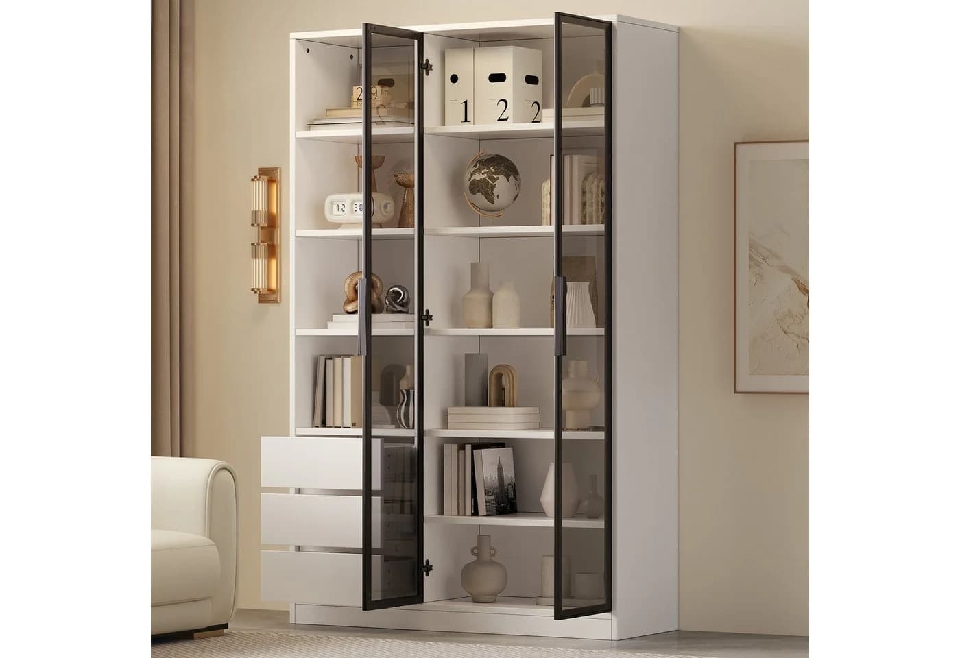 Merax Vitrine Hochschrank mit LED-Beleuchtung und Glastüren Weiß - Bild 3